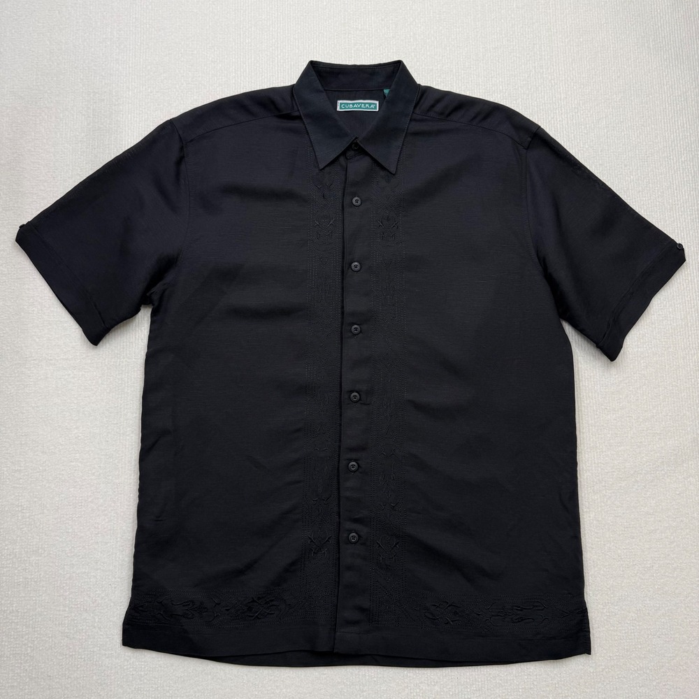 Cubavera Black Tonal Embroidered Guayabera Linen Blend SS Shirt Cuban Mens M